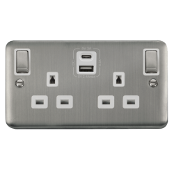 Click DPSS586WH Deco Plus Stainless Steel 2G 13A Switched Socket 4.2A A&C USB INGOT