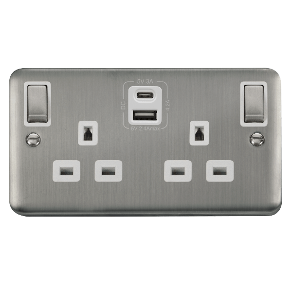 Click DPSS586WH Deco Plus Stainless Steel 2G 13A Switched Socket 4.2A A&C USB INGOT