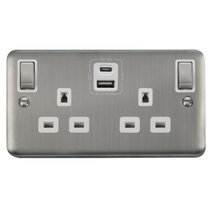Click DPSS586WH Deco Plus Stainless Steel 2G 13A Switched Socket 4.2A A&C USB INGOT