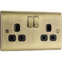 BG Electrical NAB22B Nexus Metal Antique Brass 13A Double Switched Socket Black Inserts