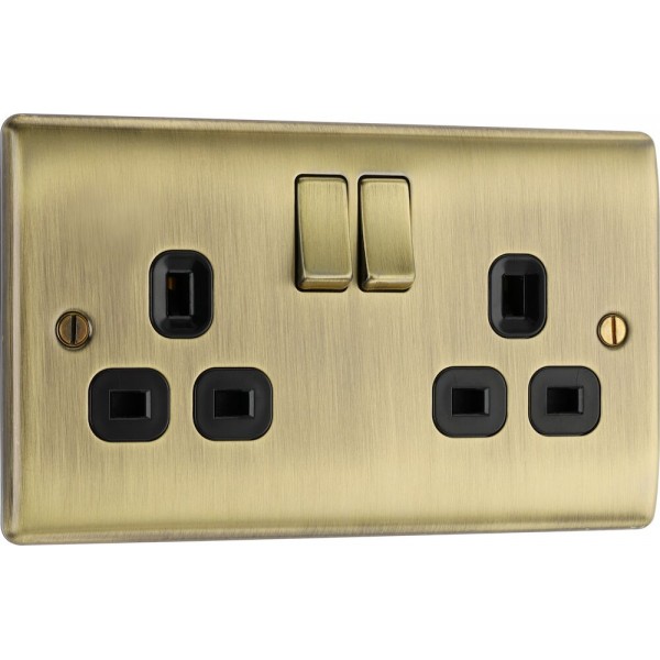 BG Electrical NAB22B Nexus Metal Antique Brass 13A Double Switched Socket Black Inserts