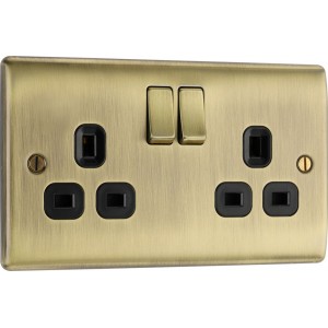 BG Electrical NAB22B Nexus Metal Antique Brass 13A Double Switched Socket Black Inserts