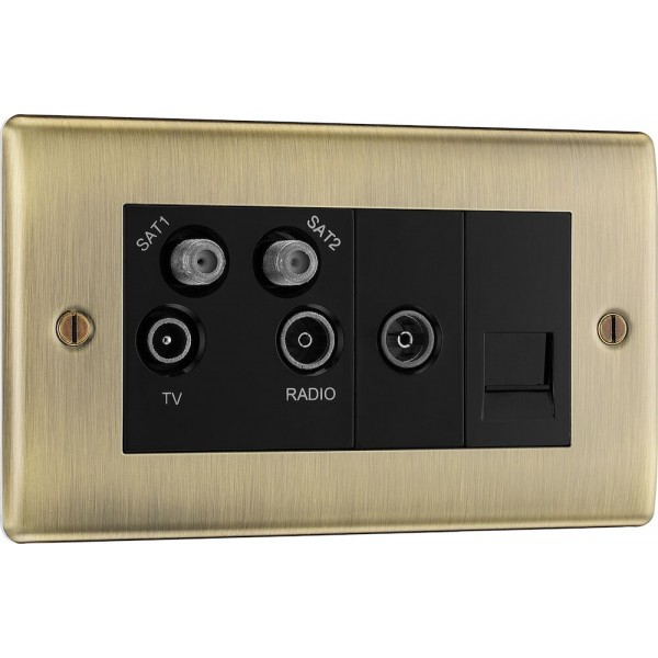 BG Electrical NAB69 Nexus Metal Antique Brass Screened Quadplex 2 x SAT/TV/FM Socket with Return and BT Outlet