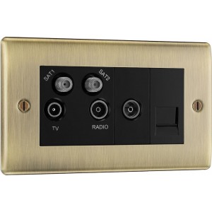 BG Electrical NAB69 Nexus Metal Antique Brass Screened Quadplex 2 x SAT/TV/FM Socket with Return and BT Outlet