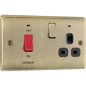 BG Electrical NAB70B Nexus Metal Antique Brass 45A Cooker Control Unit With 13A Socket And LED Indicators Black Inserts