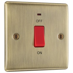 BG Electrical NAB74 Nexus Metal Antique Brass 45A Square Plate Double Pole Switch With LED Indicator