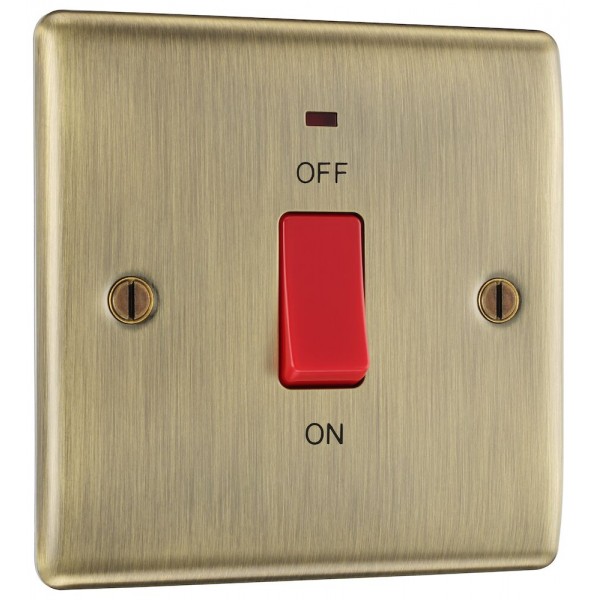 BG Electrical NAB74 Nexus Metal Antique Brass 45A Square Plate Double Pole Switch With LED Indicator