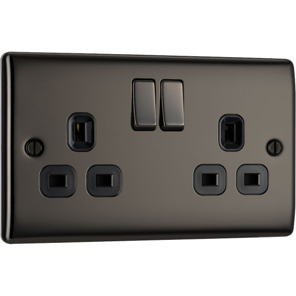 BG Electrical NBN22B Nexus Metal Black Nickel 13A Double Switched Socket Black Inserts