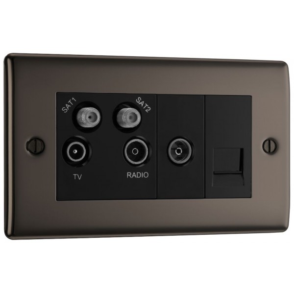BG Electrical NBN69 Nexus Metal Black Nickel Screened Quadplex 2 x SAT/TV/FM Socket with Return and BT Outlet