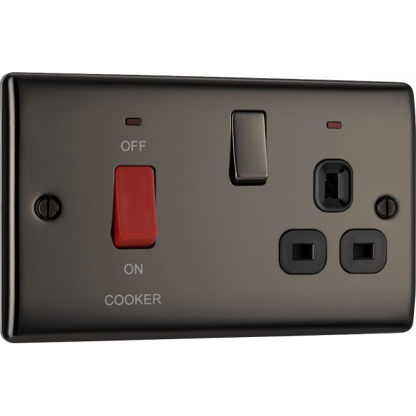 BG Electrical NBN70B Nexus Metal Black Nickel 45A Cooker Control Unit With 13A Socket And LED Indicators Black Inserts