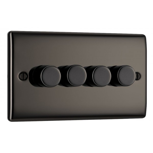 BG Electrical NBN84 Nexus Metal Black Nickel Quadruple Dimmer Switch 2 Way Trailing Edge 200W