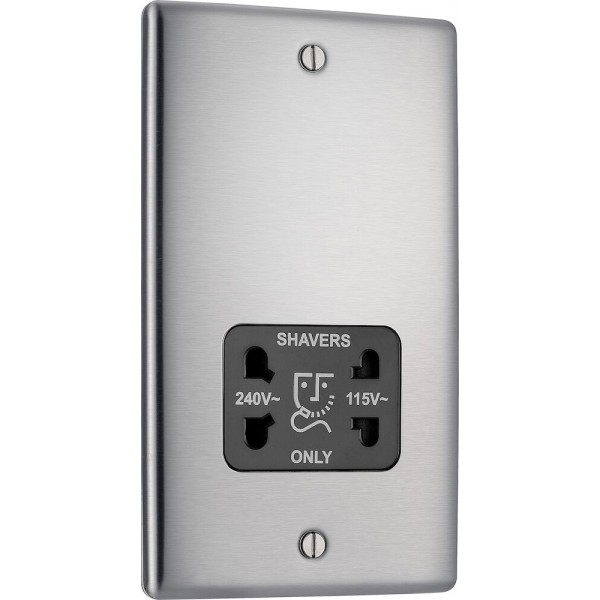 BG Electrical NBS20B Nexus Metal Brushed Steel Shaver Socket Dual Voltage 115/240V Black Insert