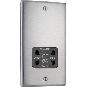 BG Electrical NBS20B Nexus Metal Brushed Steel Shaver Socket Dual Voltage 115/240V Black Insert