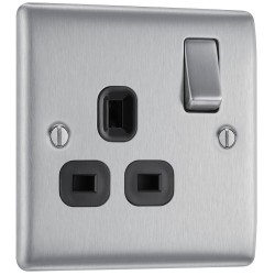 BG Electrical NBS21B Nexus Metal Brushed Steel 13A Single Switched Socket Black Inserts