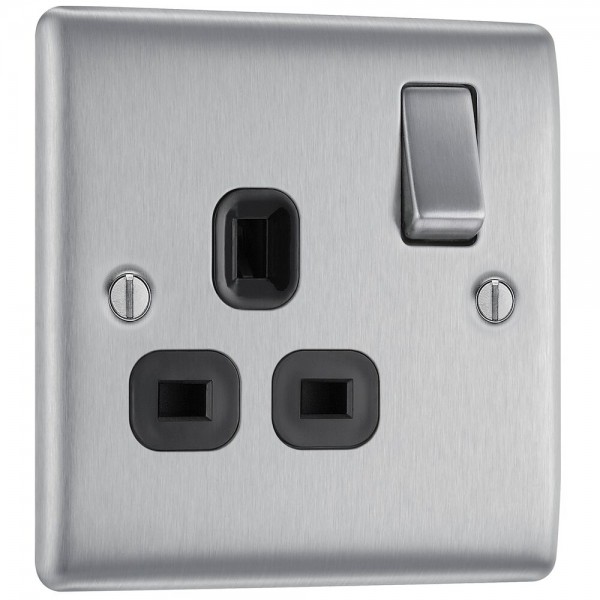 BG Electrical NBS21B Nexus Metal Brushed Steel 13A Single Switched Socket Black Inserts