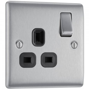 BG Electrical NBS21B Nexus Metal Brushed Steel 13A Single Switched Socket Black Inserts