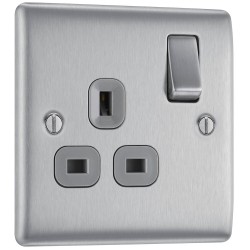 BG Electrical NBS21G Nexus Metal Brushed Steel 13A Single Switched Socket Grey Inserts