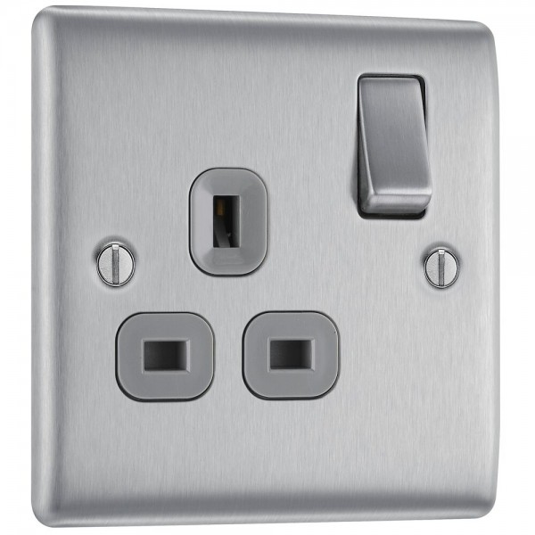 BG Electrical NBS21G Nexus Metal Brushed Steel 13A Single Switched Socket Grey Inserts
