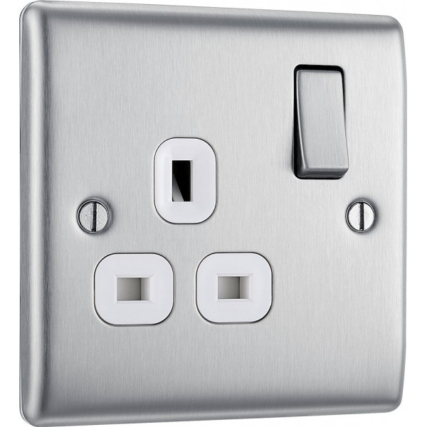 BG Electrical NBS21W Nexus Metal Brushed Steel 13A Single Switched Socket White Inserts