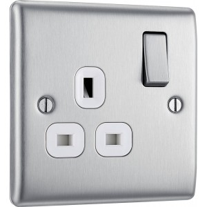 BG Electrical NBS21W Nexus Metal Brushed Steel 13A Single Switched Socket White Inserts