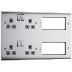 BG Electrical NBS222EM8G Nexus Metal Brushed Steel Combination Plate 2 x 13A Switched Socket + 8 Module Aperture Grey Inserts