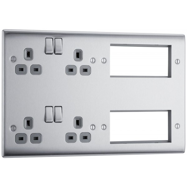 BG Electrical NBS222EM8G Nexus Metal Brushed Steel Combination Plate 2 x 13A Switched Socket + 8 Module Aperture Grey Inserts