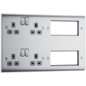 BG Electrical NBS222EM8G Nexus Metal Brushed Steel Combination Plate 2 x 13A Switched Socket + 8 Module Aperture Grey Inserts