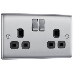 BG Electrical NBS22B Nexus Metal Brushed Steel 13A Double Switched Socket Black Inserts