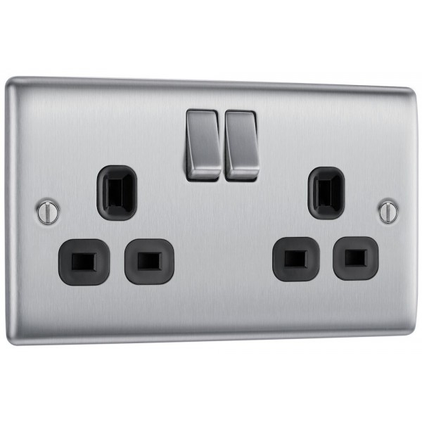 BG Electrical NBS22B Nexus Metal Brushed Steel 13A Double Switched Socket Black Inserts