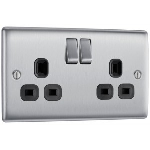 BG Electrical NBS22B Nexus Metal Brushed Steel 13A Double Switched Socket Black Inserts
