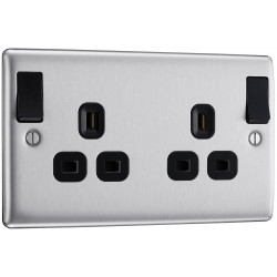 BG Electrical NBS22DPOBB Nexus Metal Brushed Steel 13A Double Switched Socket Outboard Rockers Black Inserts