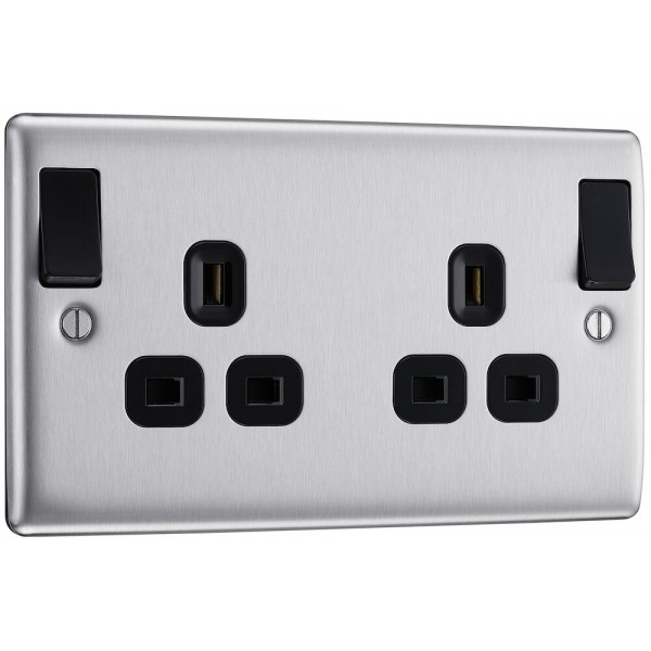 BG Electrical NBS22DPOBB Nexus Metal Brushed Steel 13A Double Switched Socket Outboard Rockers Black Inserts
