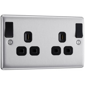 BG Electrical NBS22DPOBB Nexus Metal Brushed Steel 13A Double Switched Socket Outboard Rockers Black Inserts