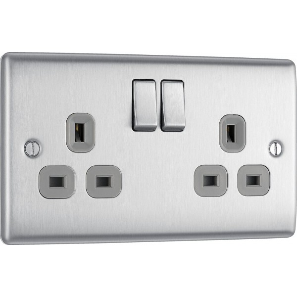 BG Electrical NBS22G Nexus Metal Brushed Steel 13A Double Switched Socket Grey Inserts