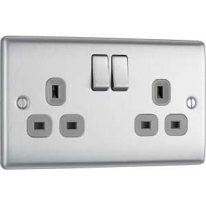BG Electrical NBS22G Nexus Metal Brushed Steel 13A Double Switched Socket Grey Inserts