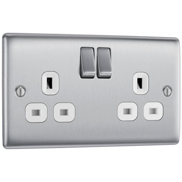 BG Electrical NBS22W Nexus Metal Brushed Steel 13A Double Switched Socket White Inserts