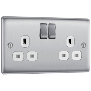 BG Electrical NBS22W Nexus Metal Brushed Steel 13A Double Switched Socket White Inserts