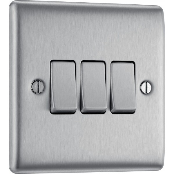 BG Electrical NBS43 Nexus Metal Brushed Steel 20A 16AX Triple Switch 2 Way