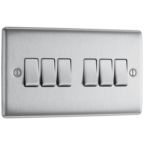BG Electrical NBS46 Nexus Metal Brushed Steel 6 Gang 2 Way Switch 20A 16AX