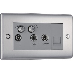 BG Electrical NBS69 Nexus Metal Brushed Steel Screened Quadplex 2 x SAT/TV/FM Socket with Return and BT Outlet