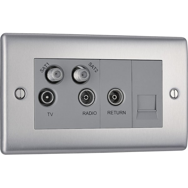 BG Electrical NBS69 Nexus Metal Brushed Steel Screened Quadplex 2 x SAT/TV/FM Socket with Return and BT Outlet