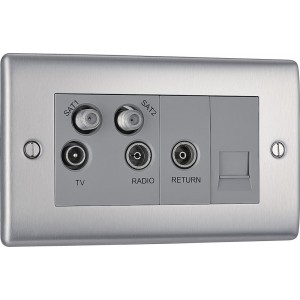 BG Electrical NBS69 Nexus Metal Brushed Steel Screened Quadplex 2 x SAT/TV/FM Socket with Return and BT Outlet