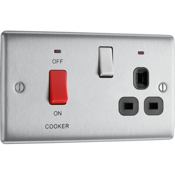 BG Electrical NBS70B Nexus Metal Brushed Steel 45A Cooker Control Unit With 13A Socket And LED Indicators Black Inserts