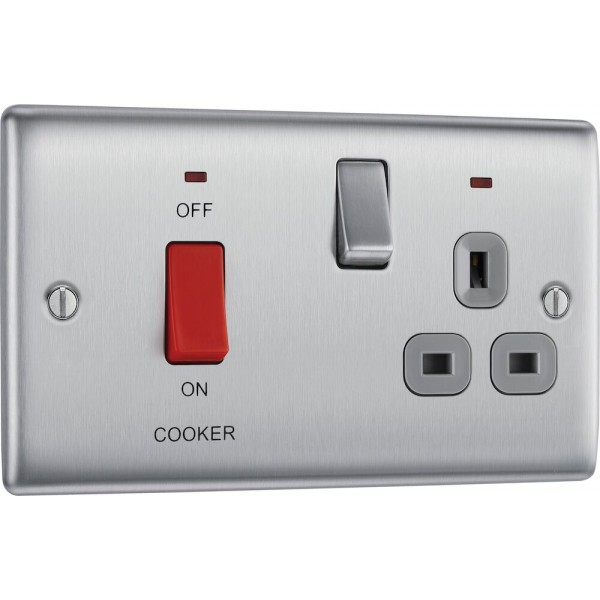 BG Electrical NBS70G Nexus Metal Brushed Steel 45A Cooker Control Unit With 13A Socket And LED Indicators Grey Inserts