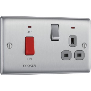 BG Electrical NBS70G Nexus Metal Brushed Steel 45A Cooker Control Unit With 13A Socket And LED Indicators Grey Inserts