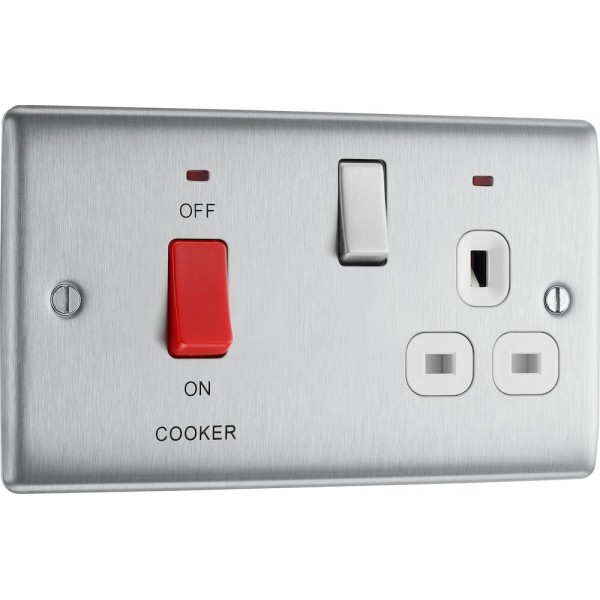 BG Electrical NBS70W Nexus Metal Brushed Steel 45A Cooker Control Unit With 13A Socket And LED Indicators White Inserts