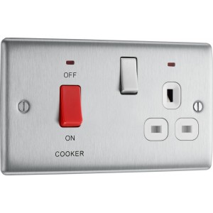 BG Electrical NBS70W Nexus Metal Brushed Steel 45A Cooker Control Unit With 13A Socket And LED Indicators White Inserts