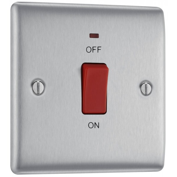 BG Electrical NBS74 Nexus Metal Brushed Steel 45A Square Plate Double Pole Switch With LED Indicator