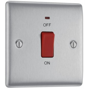 BG Electrical NBS74 Nexus Metal Brushed Steel 45A Square Plate Double Pole Switch With LED Indicator