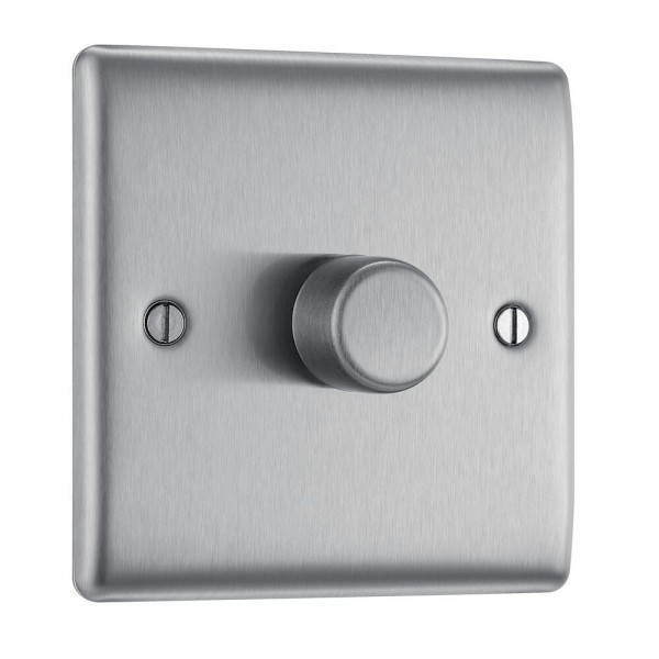BG Electrical NBS81 Nexus Metal Brushed Steel Single Dimmer Switch 2 Way Trailing Edge 200W